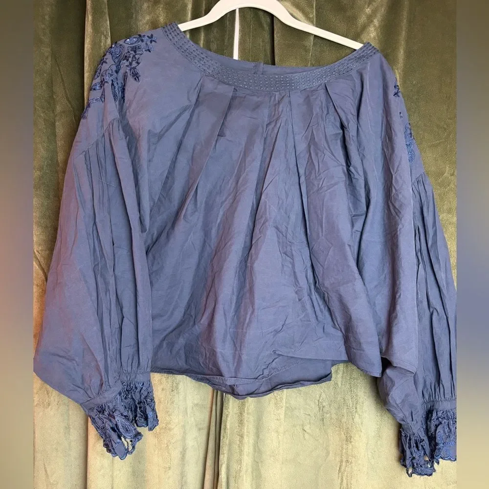 Free People Wishing Well Blouse Navy Blue Embroidered Cut Out Blouse - Picture 2 of 7